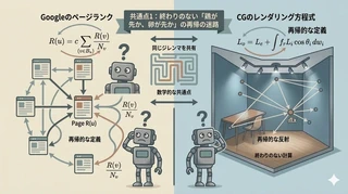 共通点1：終わりのない「鶏が先か、卵が先か」の再帰の迷路